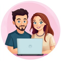 man and a woman are looking at a laptop vector