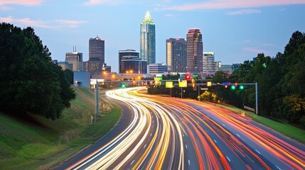 Fototapeta premium A vibrant city skyline with illuminated buildings and light trails from busy traffic, showcasing urban life at dusk.