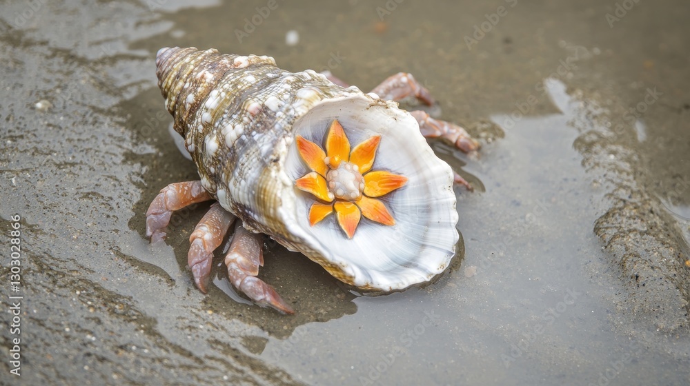 Poster a hermit crab emerges from its shell adorned with a flower-like design.
