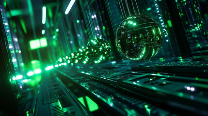 Futuristic digital cyber network with neon lights and data streams on virtual screens