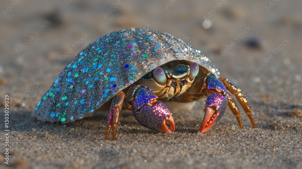 Poster a colorful crab with a sparkling shell on a sandy beach.