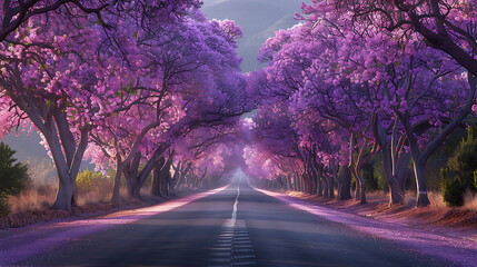 Serene road lined with blooming purple trees under a clear sky, inviting peaceful travel and exploration