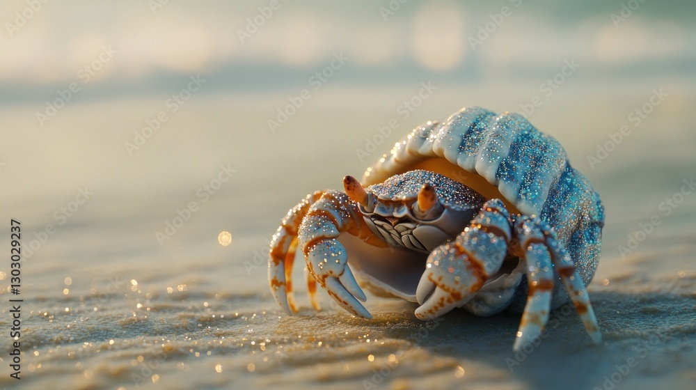 Poster a close-up of a crab with a shell on a sandy beach, illuminated by soft sunlight.