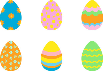 Simple vector Easter set illustration of six colorful eggs with patterns of floral designs, polka dots, stripes, and wavy lines in vibrant shades of blue, pink, yellow, orange, and green. Easter cards