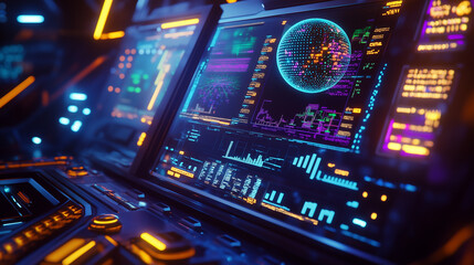 Futuristic digital data analysis with cyber computer monitors and vibrant screens