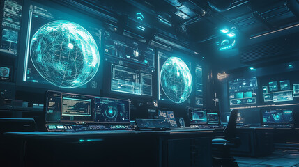 Futuristic digital technology and network data displayed on computer monitors in a cyber electronics lab