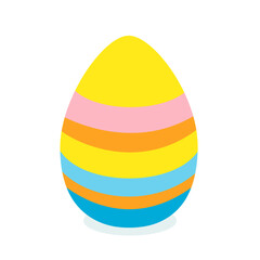 Easter illustration of yellow egg with colorful horizontal stripes in pink, orange, and blue. Simple vector design for Easter cards, seasonal decorations, gifts and wallpapers