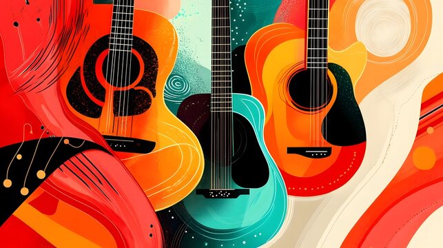 Modern bohemian flat illustration for International Guitars Month, featuring artistic depictions of classic and modern guitars intertwined with swirling abstract forms, symbolizing the flow of music