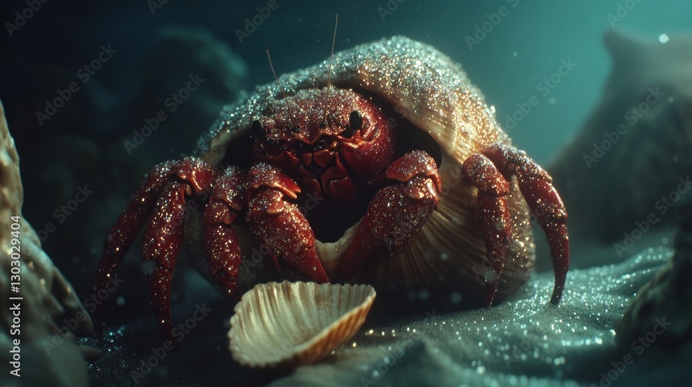Poster a hermit crab nestled in a shell, surrounded by underwater scenery and bubbles.