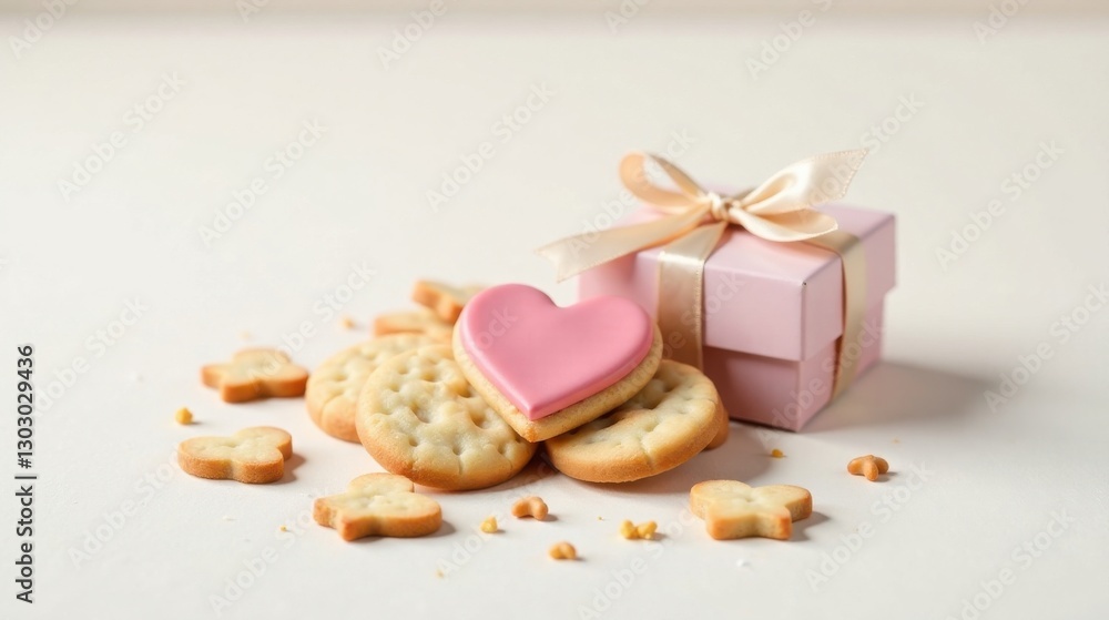 Poster a delicate pink heart-shaped cookie rests atop a stack of crisp buttery biscuits, presented alongsid