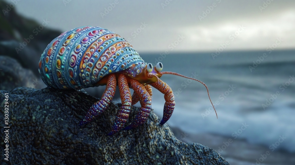 Poster a vibrant hermit crab with colorful patterns on its shell, perched on a rock by the ocean.