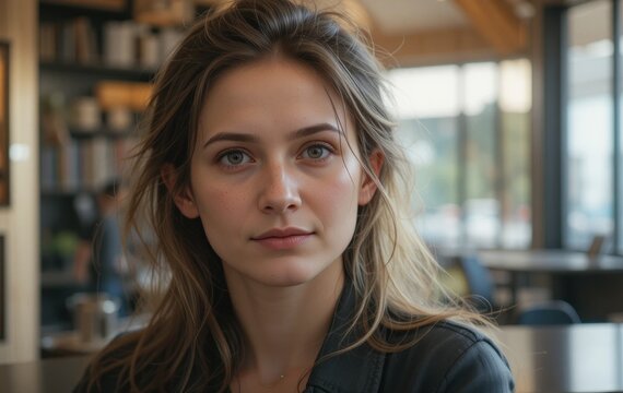 Pensive young woman portrait in a modern cafe with soft natural lighting - Powered by Adobe