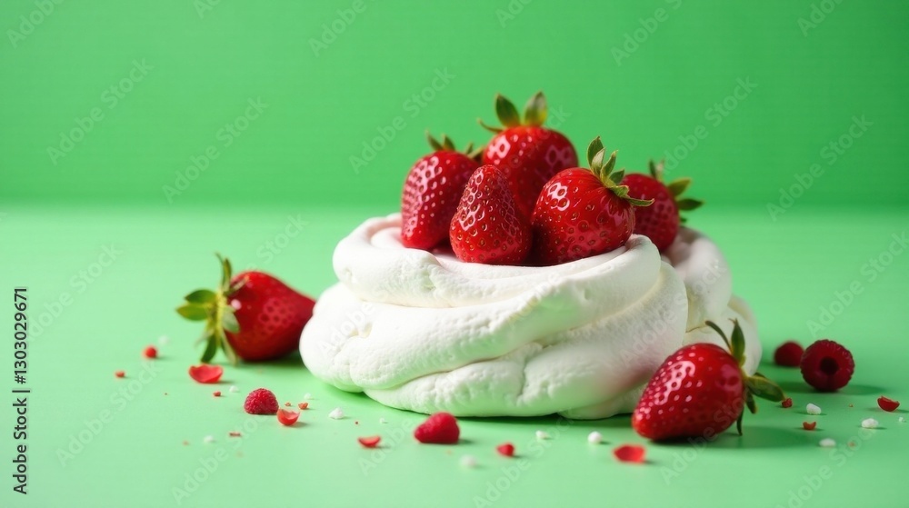 Poster a delightful meringue nest adorned with luscious strawberries and raspberries, resting on a vibrant 