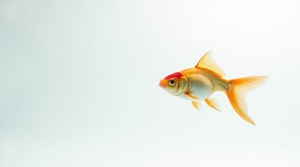 A single goldfish swims gracefully in a pristine white aquatic environment, its vibrant orange and white scales shimmering
