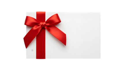 Blank White Card With Red Ribbon Bow Isolated on a Transparent Background PNG.