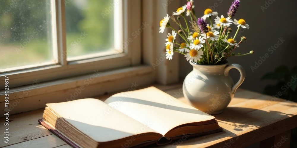 Poster sunlight illuminates an open book and a vase of wildflowers on a wooden surface near a window.