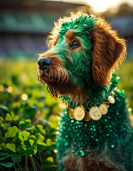 Naklejka premium Saint Patricks Day Animal Concept, cute Saint Patrick’s Day green dog, Irish green dog, glover field, shamrock, gold coins, rainbow, Irish tradition
