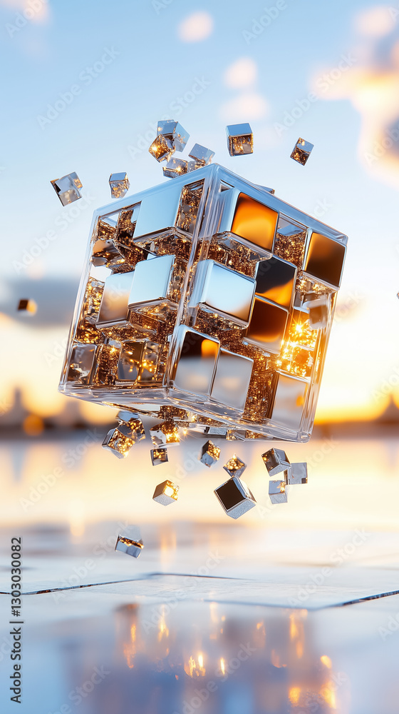 Poster a mesmerizing giant cube composed of countless shimmering smaller cubes hovers in a vast void, refle