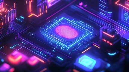 Fototapeta premium Cybernetic Brain: A Digital Neural Network in Neon Hues