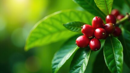 Obraz premium Vibrant Red Coffee Cherries on Lush Green Foliage, a Close-up View of Nature's Bounty