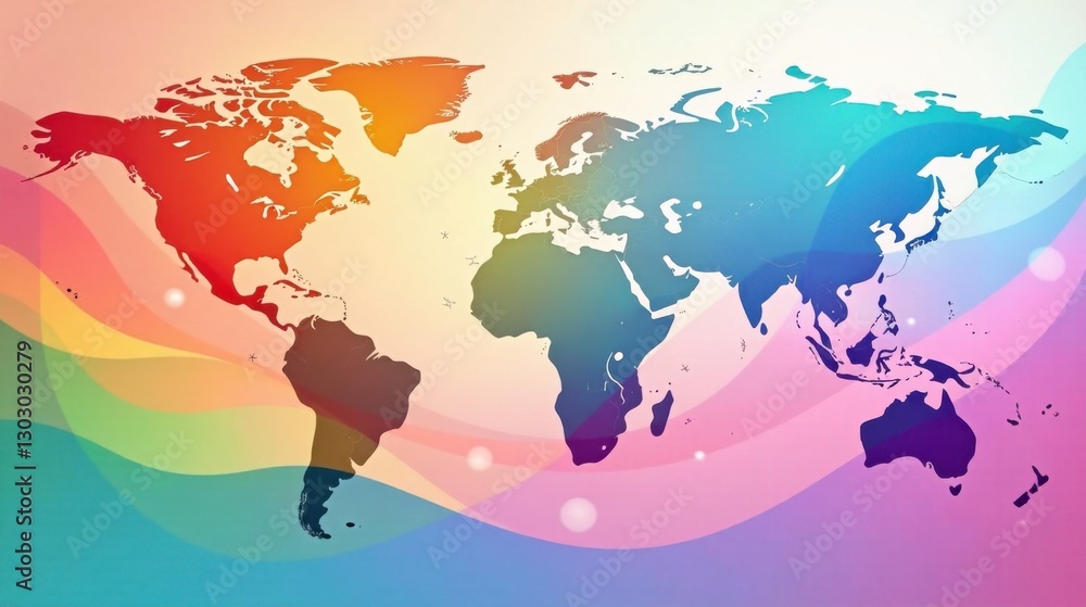 Poster Global Interconnectivity A Colorful World Map Design Featuring Dynamic Wave Patterns and Vibrant Hues