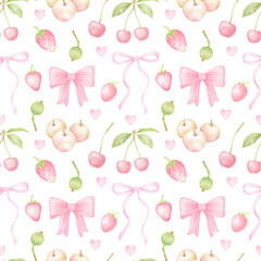 strawberry, raspberry, cherry, apples, bow. Watercolor seamless pattern in pastel colors. Cute fruit illustration for children's textiles