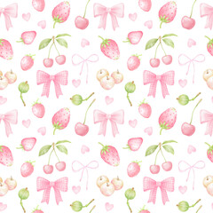 strawberry, raspberry, cherry, apples, bow. Watercolor seamless pattern in pastel colors. Cute fruit illustration for children's textiles