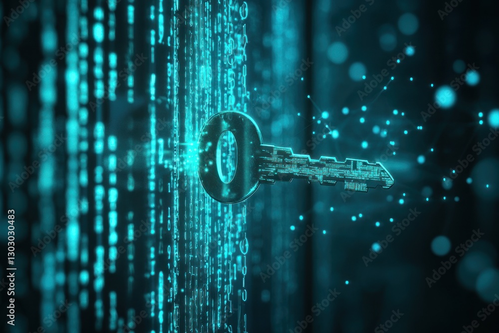 Poster digital key unlocking data streams in a futuristic cyber environment with glowing effects
