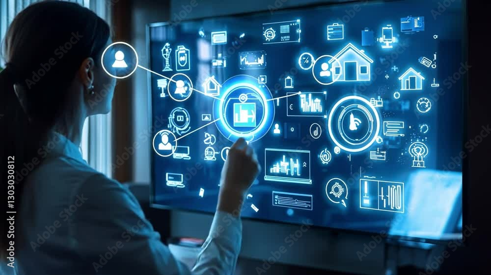 Poster digital interface: a person interacts with an interactive digital display with futuristic elements l