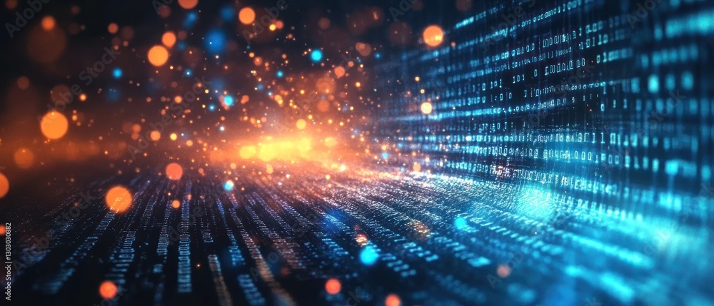 Poster abstract digital landscape with glowing particles and binary data streams