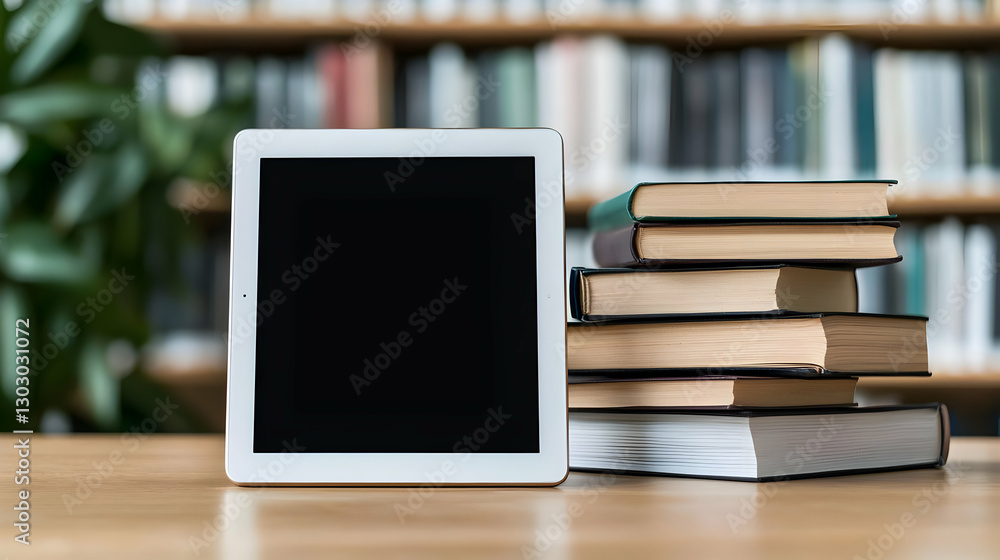 Poster modern tablet on a desk next to stacked books in a library setting