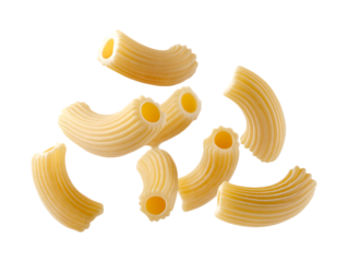 Floating Uncooked cavatappi pasta pieces highlighting their spiral ridges on transparent background