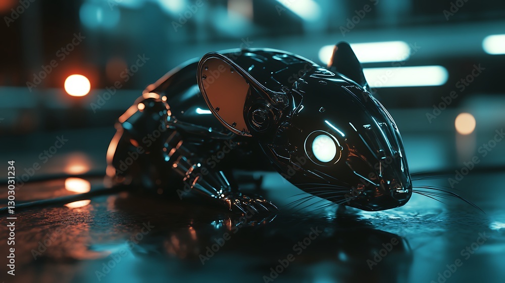 Aufkleber futuristic robotic mouse with glowing eyes resting on a reflective surface, surrounded by a high-tec