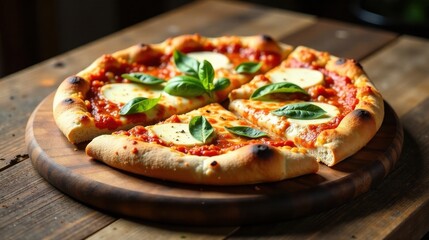 Aromatic Pizza with Melted Cheese and Fresh Basil on Rustic Wooden Board