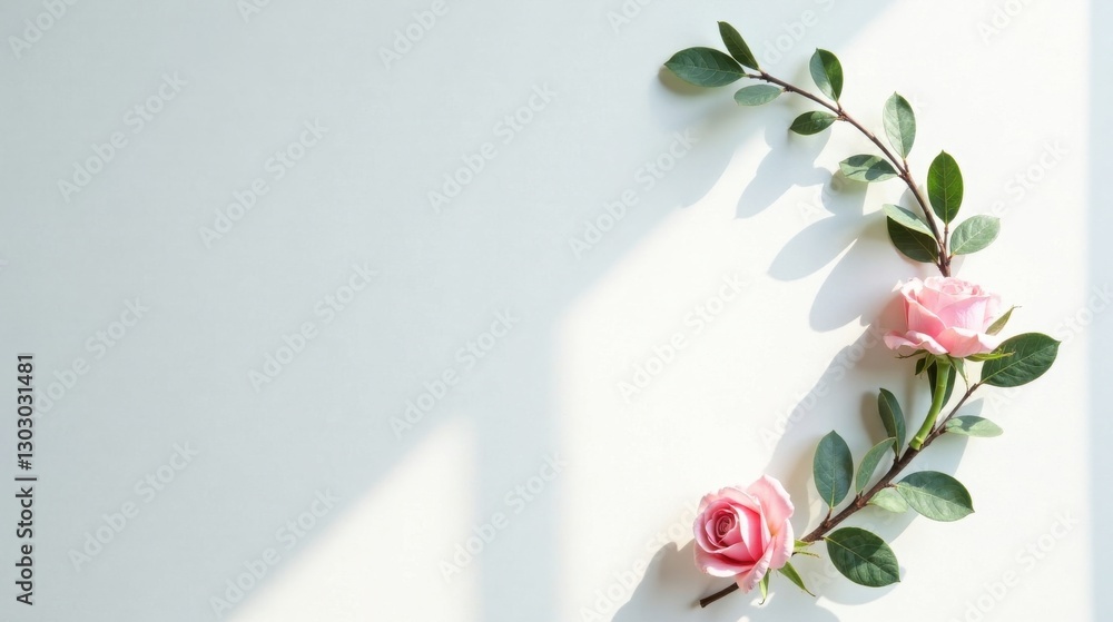Aufkleber Delicate Pink Roses and Greenery Arranged in a Gentle Curve on a Soft White Background with Sunlight Shadows