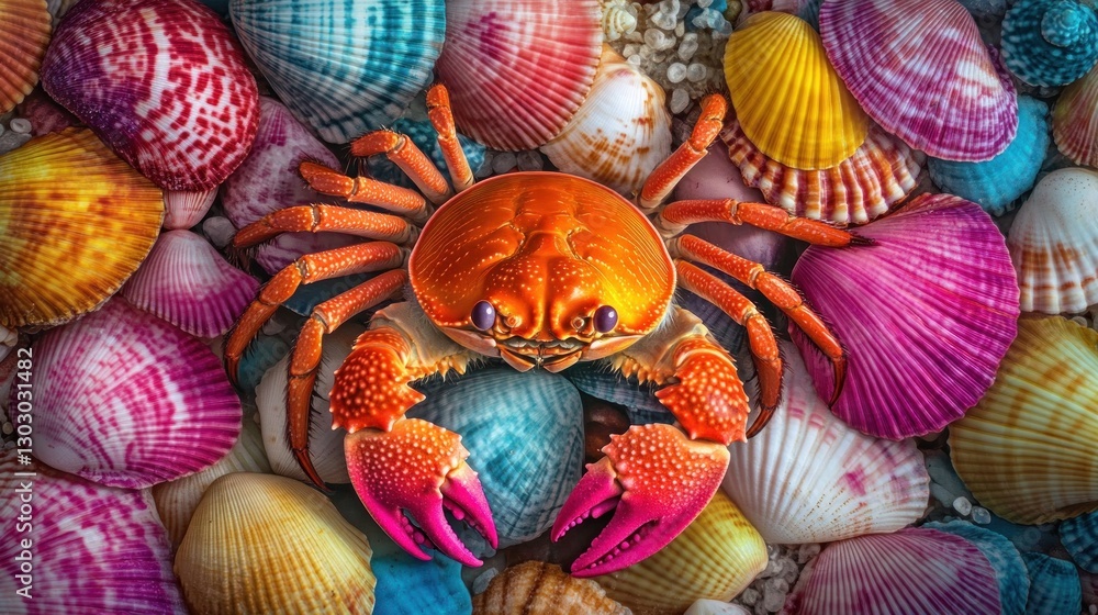 Poster a vibrant orange crab sits atop a colorful array of seashells on a sandy surface.