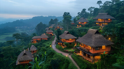 Obraz premium Elevated View Of Rustic Mountain Resort Cabins At Dusk