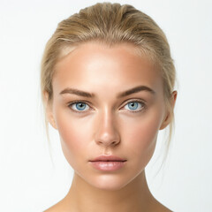 head of a beautiful young blonde woman in front of a white background