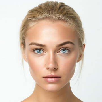head of a beautiful young blonde woman in front of a white background