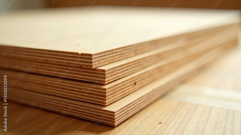 Poster close-up view of stacked birch plywood sheets showing detailed wood grain and layer structure