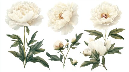 Obraz premium Elegant white peony flowers with lush green leaves on white background