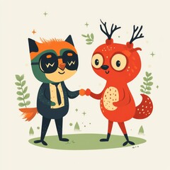 multiple mascots, trying to collaborate with eachother, vector on white background