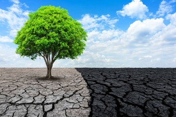 A split-image of a healthy forest on one side and a burnt, deforested wasteland on the other, symbolizing environmental degradation