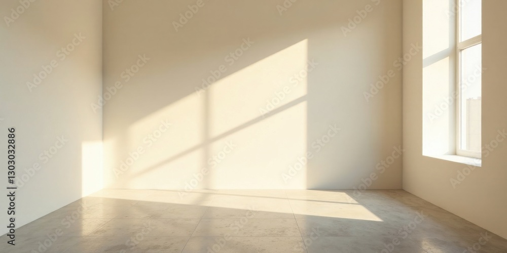 Poster empty room with sunlight streaming through a window, illuminating a pale beige wall and light-colore
