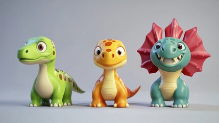 Fototapeta premium Three colorful cartoon dinosaurs with playful expressions standing in a row