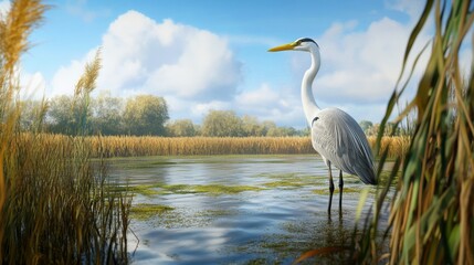 Fototapeta premium Grey Heron in Autumnal Wetland
