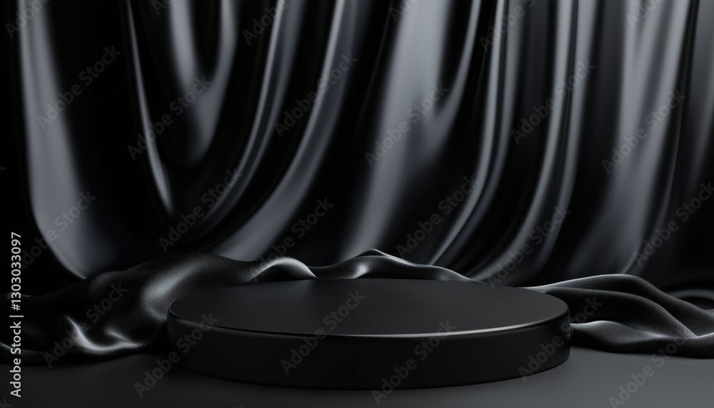 Poster luxurious display backdrop in black silky fabric with glossy waves and circular stage for creative p