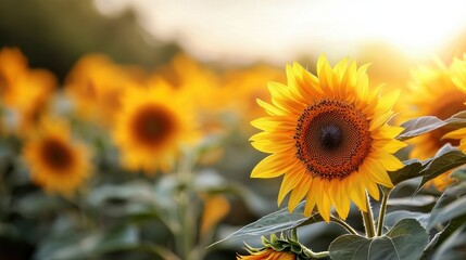 Fototapeta premium A vibrant field of sunflowers bathed in golden sunlight, showcasing their bright yellow petals and rich brown centers, exuding warmth and cheer.