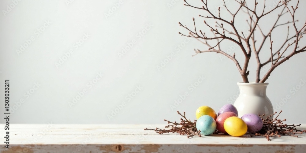 Poster Pastel Easter eggs nestled in spring branches displayed on a rustic white table against a minimalist background