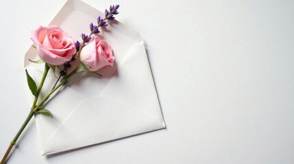 Delicate pink roses and lavender nestled within a pristine white envelope, a symbol of elegant correspondence and heartfelt sentiments.